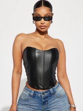Fashion Nova Faux Leather Strapless Corset Top in Black